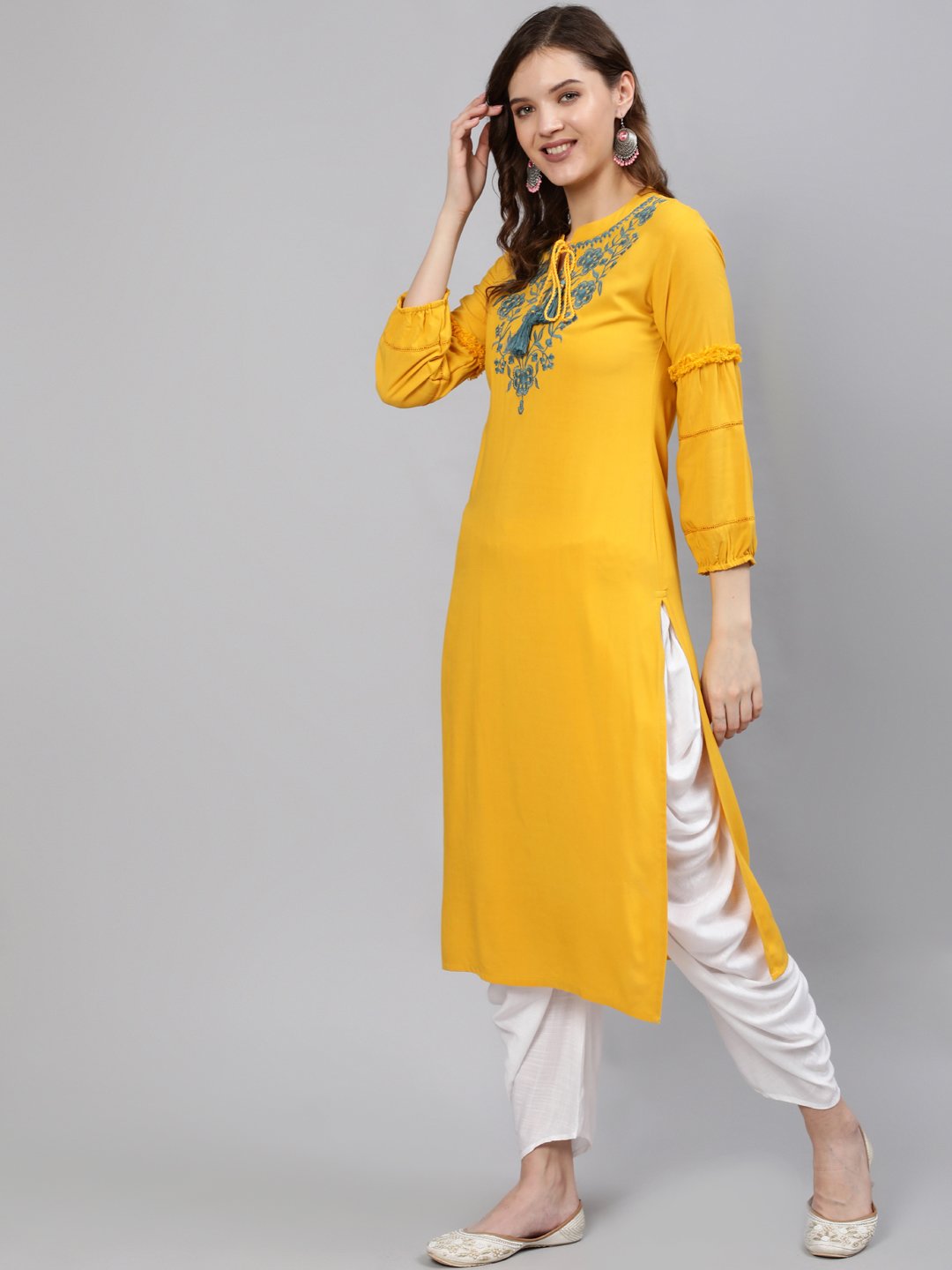 Women  Mustard Embroidered Straight Kurta With Three Quarter Sleeves | LASVINI - Redefining Indian Fashion with Elegance