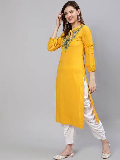 Women  Mustard Embroidered Straight Kurta With Three Quarter Sleeves | LASVINI - Redefining Indian Fashion with Elegance