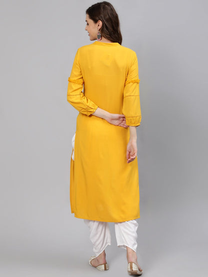 Women  Mustard Embroidered Straight Kurta With Three Quarter Sleeves | LASVINI - Redefining Indian Fashion with Elegance