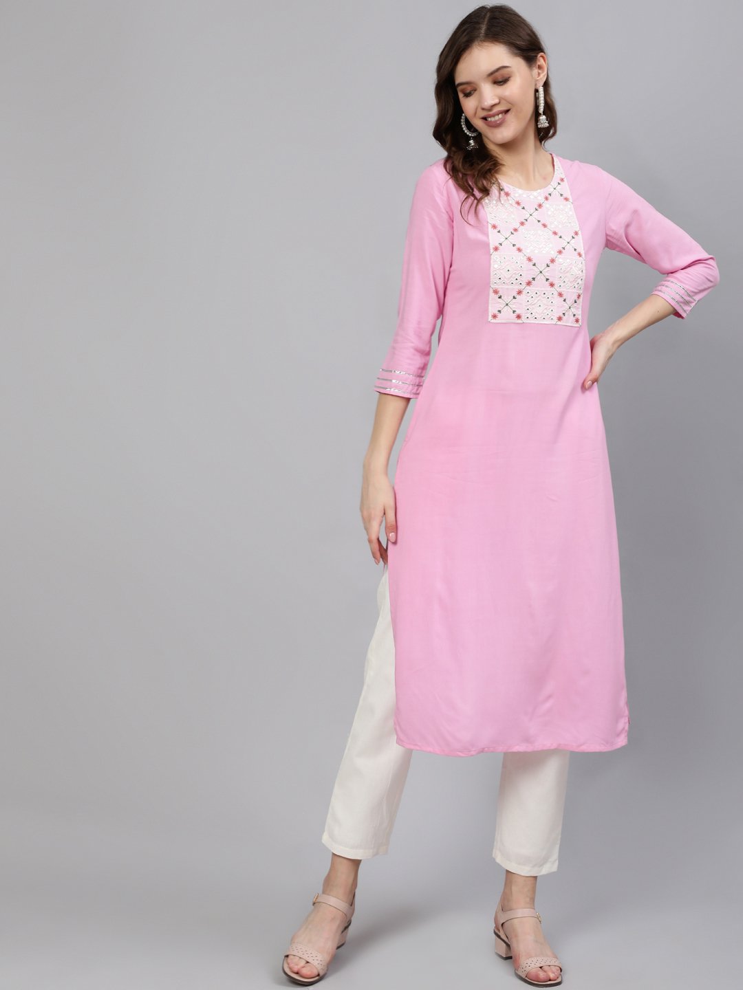 Women Pink Embroidered Straight Kurta With Three Quarter Sleeves | LASVINI - Redefining Indian Fashion with Elegance