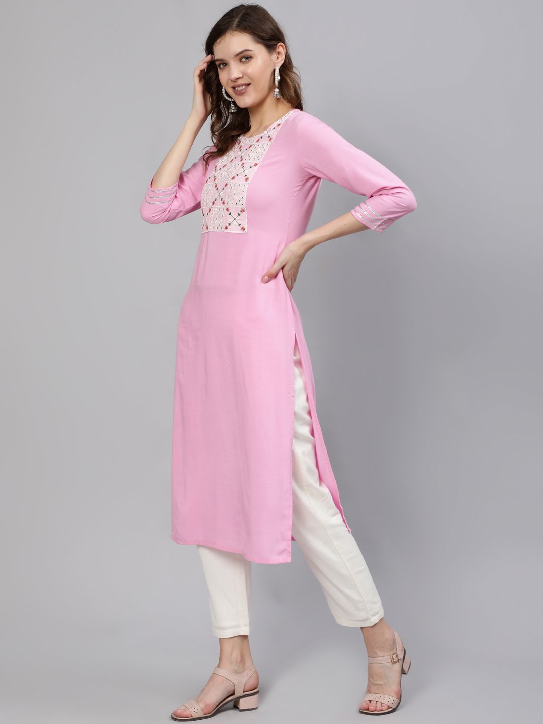 Women Pink Embroidered Straight Kurta With Three Quarter Sleeves | LASVINI - Redefining Indian Fashion with Elegance