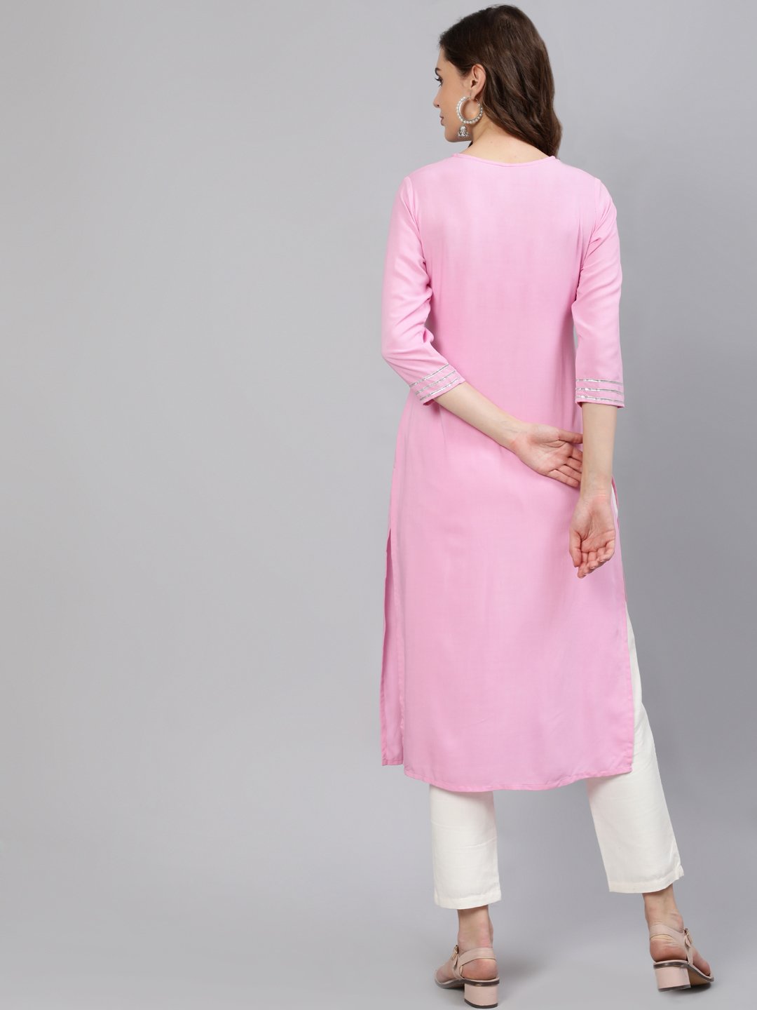 Women Pink Embroidered Straight Kurta With Three Quarter Sleeves | LASVINI - Redefining Indian Fashion with Elegance