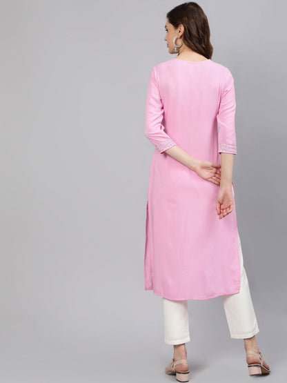 Women Pink Embroidered Straight Kurta With Three Quarter Sleeves | LASVINI - Redefining Indian Fashion with Elegance