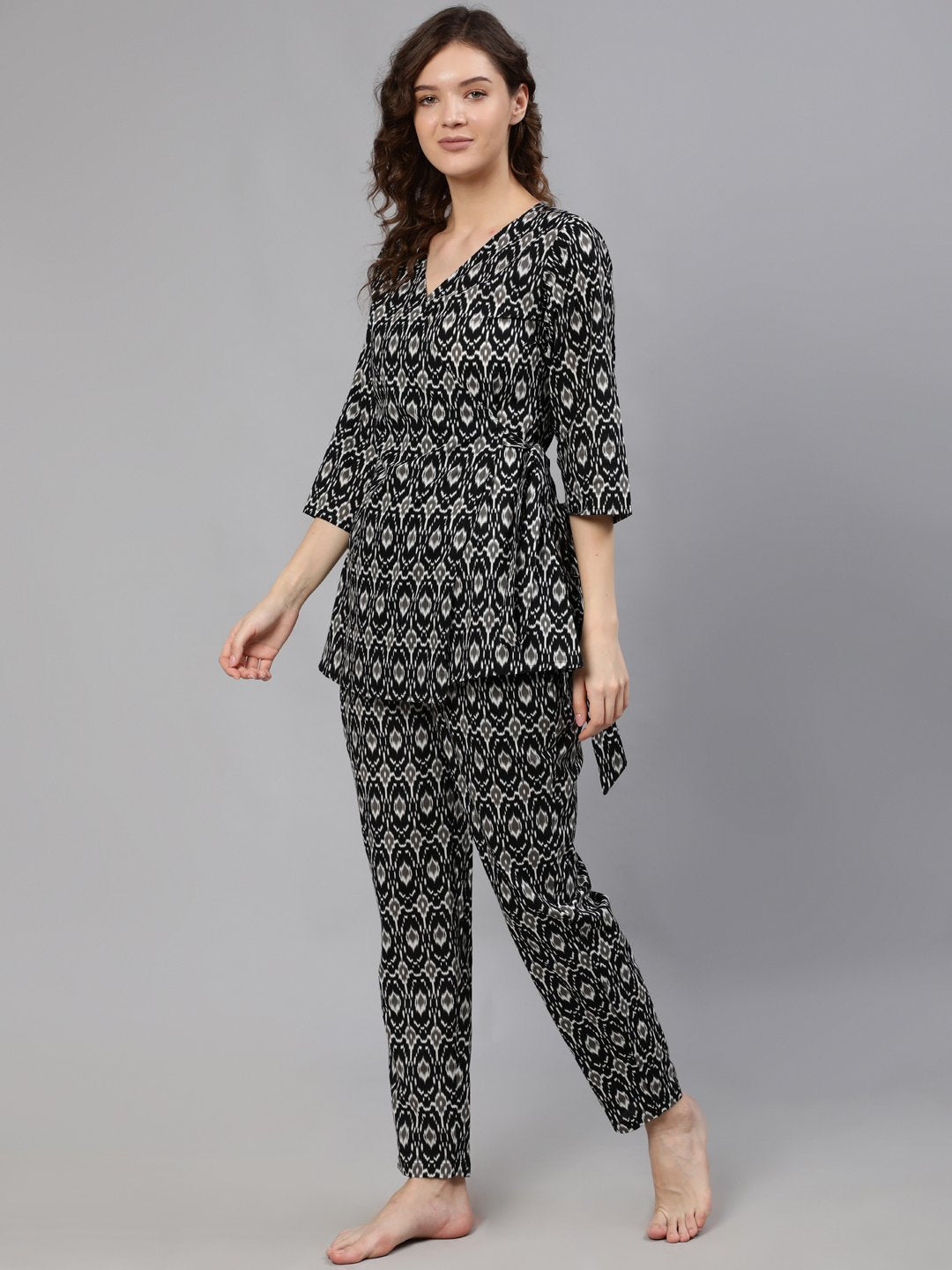 Women Black Wrap Round Night Suit | LASVINI - Redefining Indian Fashion with Elegance