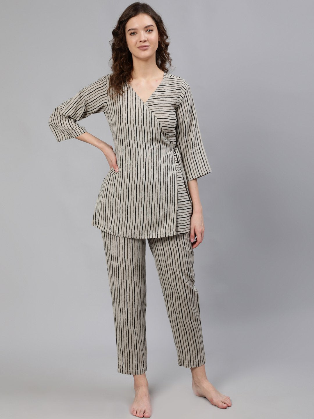 Women Grey Striped Wrap Round Night Suit | LASVINI - Redefining Indian Fashion with Elegance