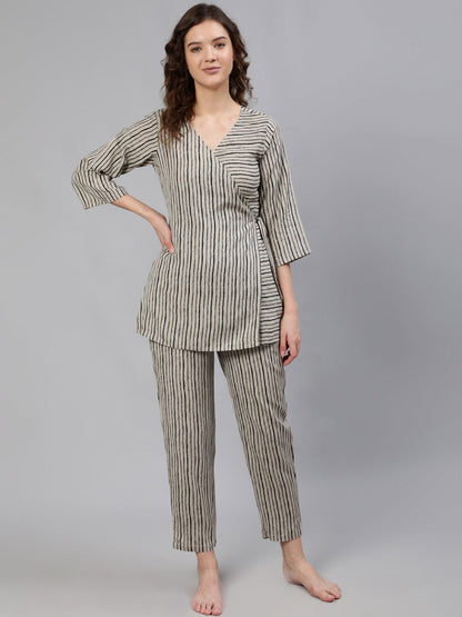 Women Grey Striped Wrap Round Night Suit | LASVINI - Redefining Indian Fashion with Elegance
