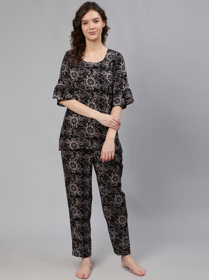 Women Black Printed Night Suit | LASVINI - Redefining Indian Fashion with Elegance