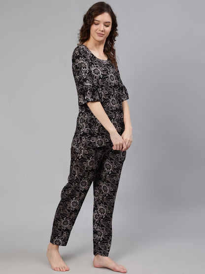 Women Black Printed Night Suit | LASVINI - Redefining Indian Fashion with Elegance