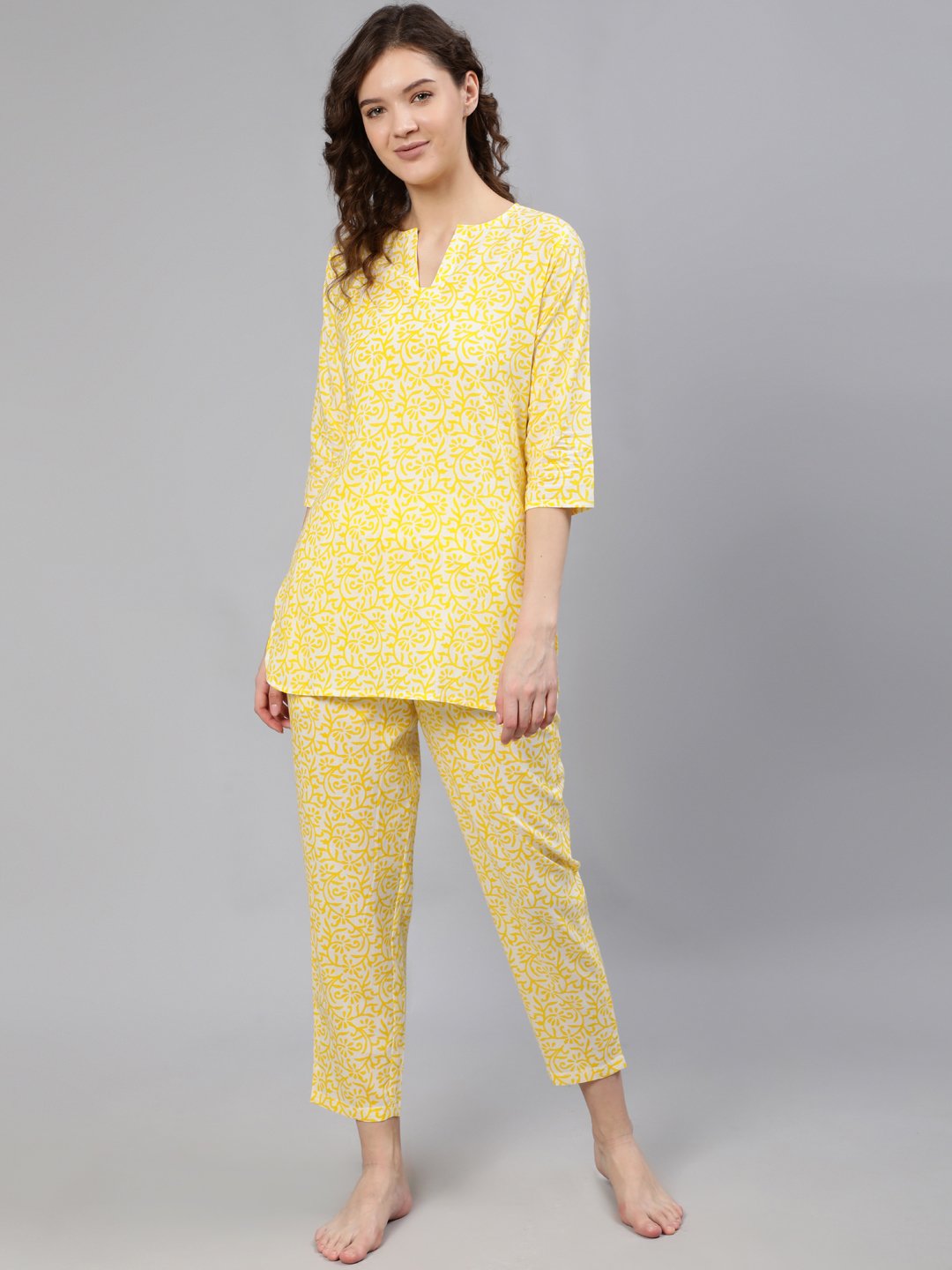 Women Yellow Printed Night Suit | LASVINI - Redefining Indian Fashion with Elegance