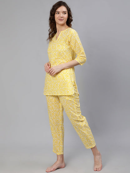 Women Yellow Printed Night Suit | LASVINI - Redefining Indian Fashion with Elegance
