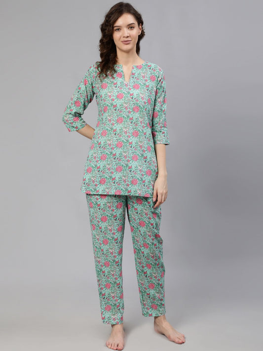 Women Green Floral Printed Night Suit | LASVINI - Redefining Indian Fashion with Elegance