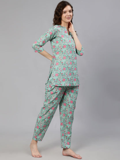 Women Green Floral Printed Night Suit | LASVINI - Redefining Indian Fashion with Elegance