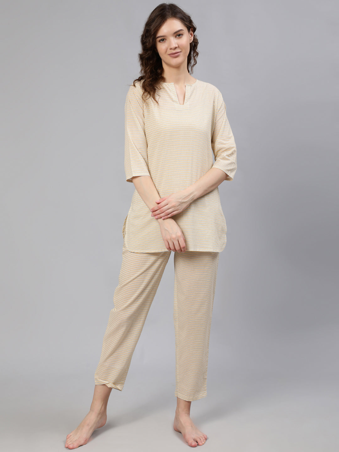 Women Yellow Zig-Zag Printed Night Suit | LASVINI - Redefining Indian Fashion with Elegance