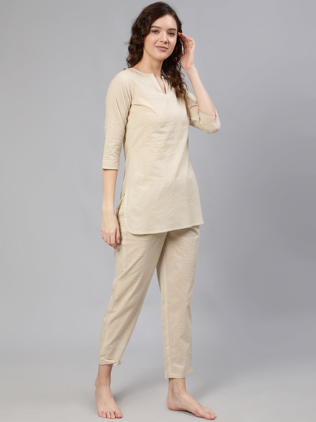 Women Yellow Zig-Zag Printed Night Suit | LASVINI - Redefining Indian Fashion with Elegance