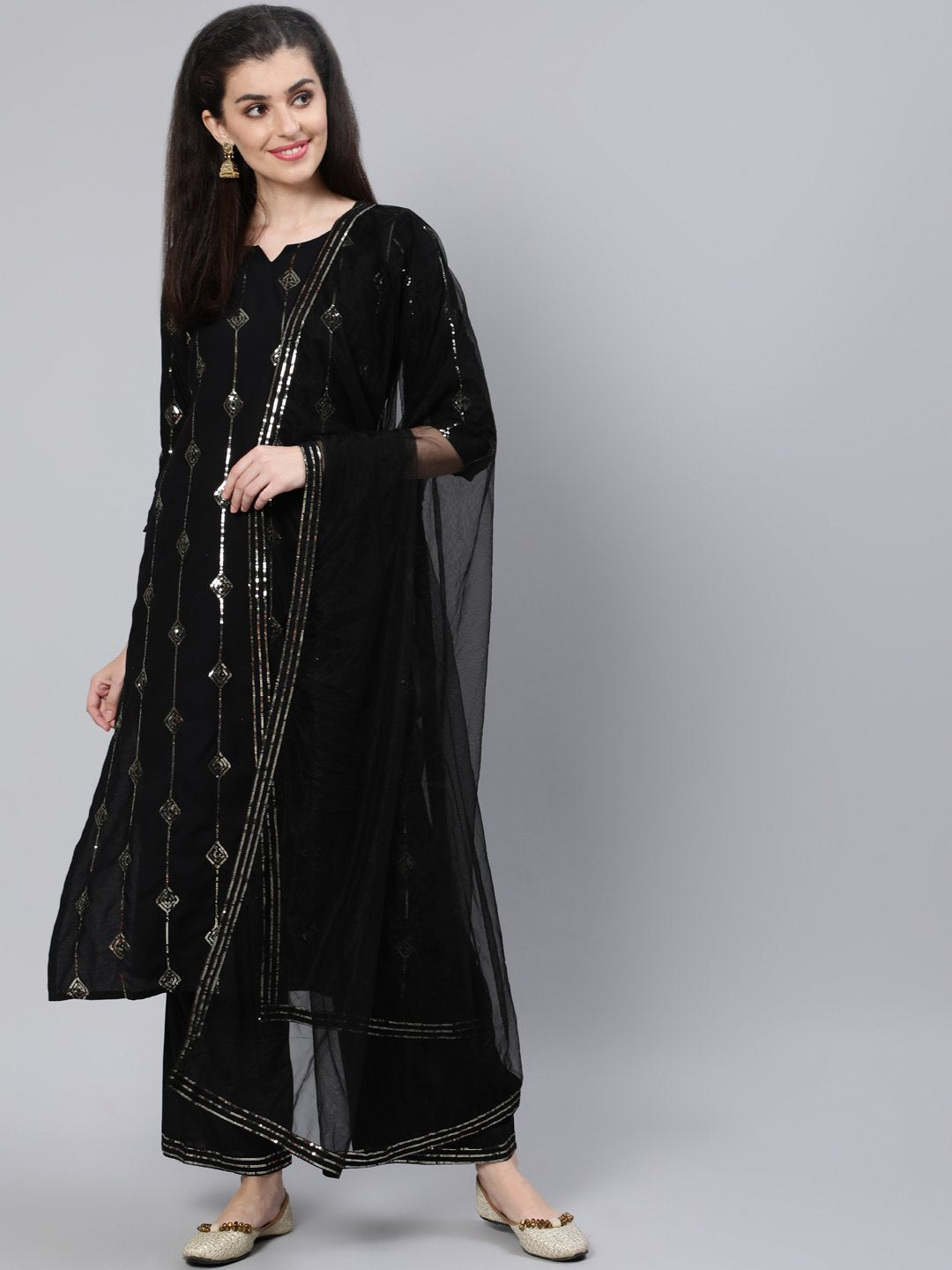 Women Black Sequened Straight Kurta With Plazo & Dupatta | LASVINI - Redefining Indian Fashion with Elegance