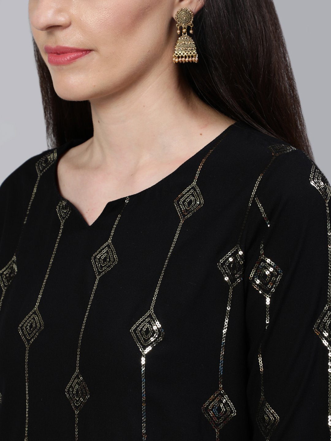 Women Black Sequened Straight Kurta With Plazo & Dupatta | LASVINI - Redefining Indian Fashion with Elegance