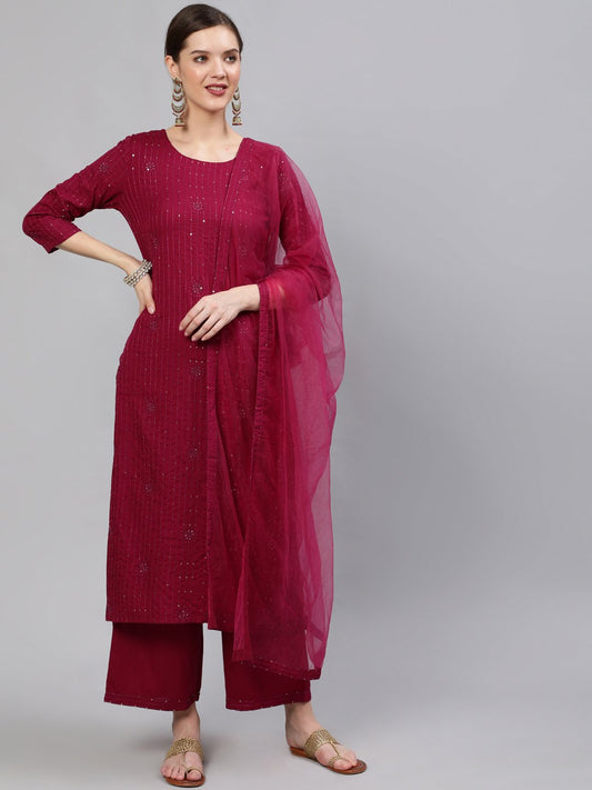Women Wine Sequinned Embroidered Straight Kurta With Plazo & Dupatta | LASVINI - Redefining Indian Fashion with Elegance