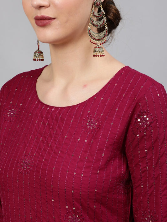 Women Wine Sequinned Embroidered Straight Kurta With Plazo & Dupatta | LASVINI - Redefining Indian Fashion with Elegance
