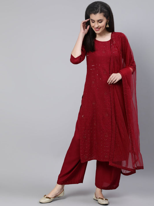Women Maroon Sequened Straight Kurta With Plazo & Dupatta | LASVINI - Redefining Indian Fashion with Elegance