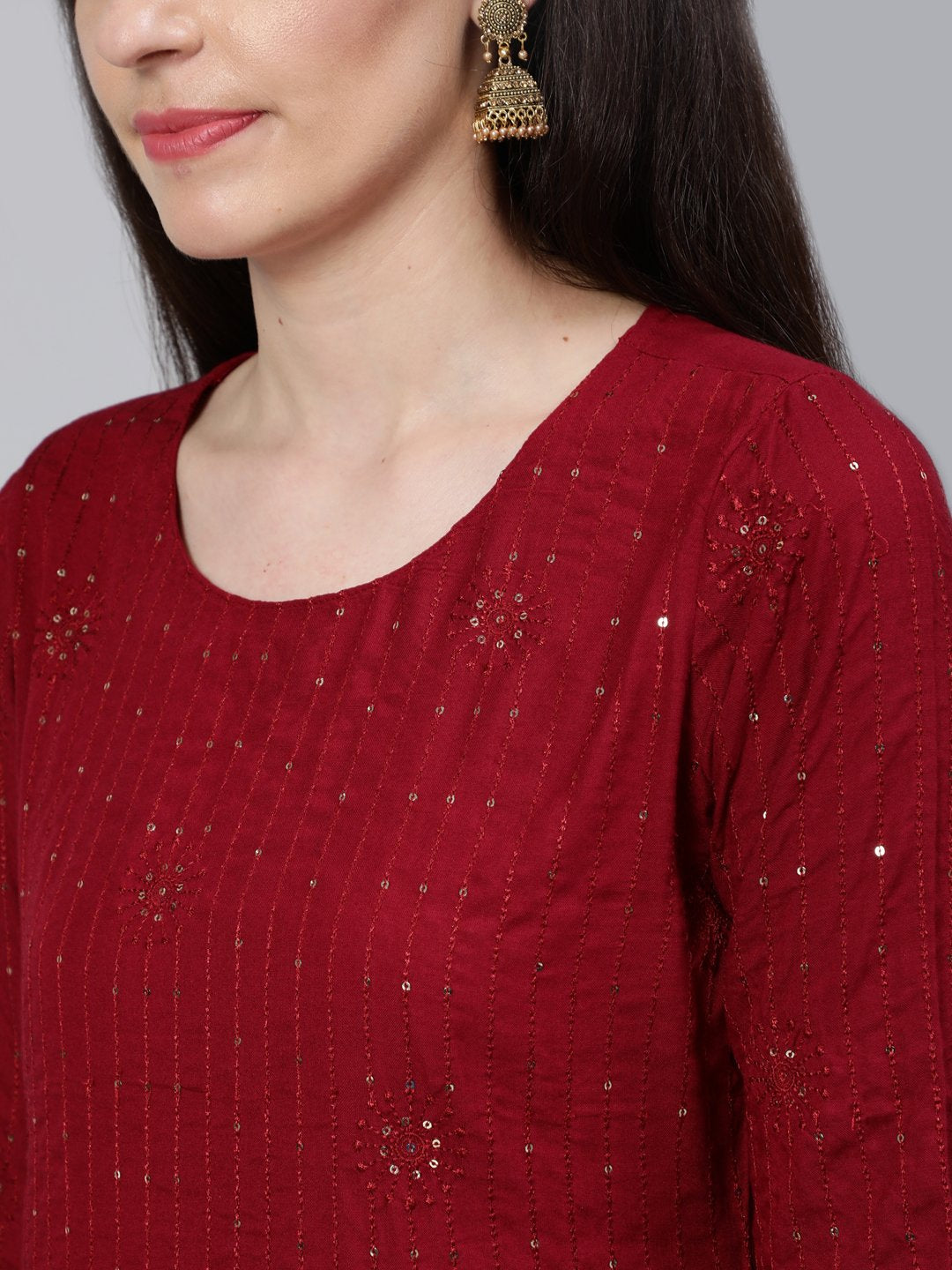 Women Maroon Sequened Straight Kurta With Plazo & Dupatta | LASVINI - Redefining Indian Fashion with Elegance