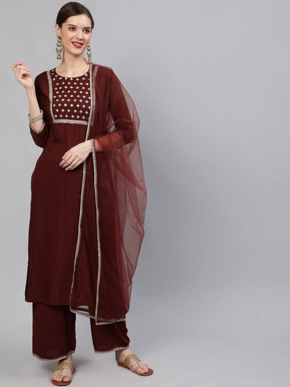 Women Brown  Sequinned Embroidered Straight Kurta With Plazo & Dupatta | LASVINI - Redefining Indian Fashion with Elegance