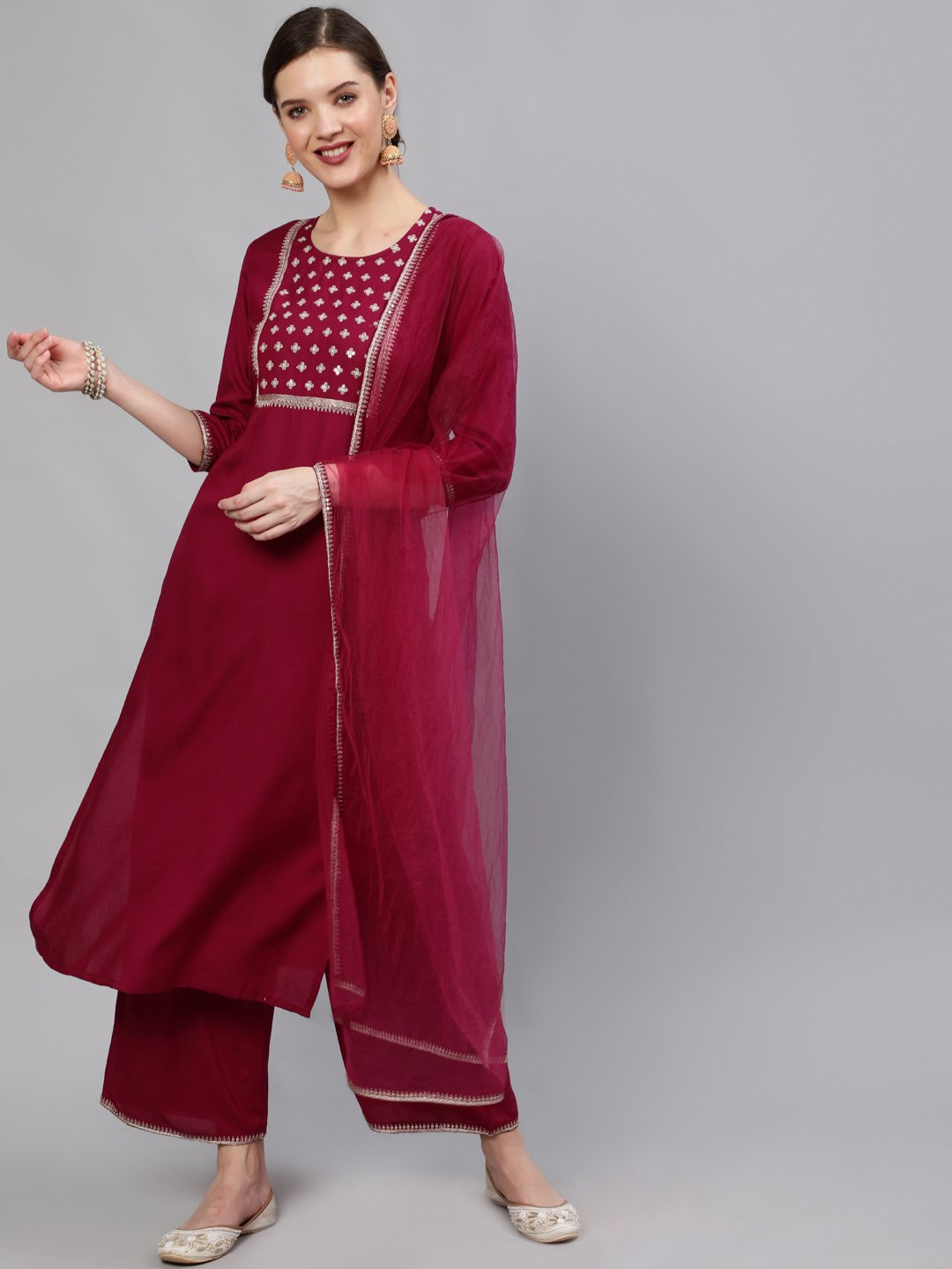 Women Wine Sequinned Embroidered Straight Kurta With Plazo & Dupatta | LASVINI - Redefining Indian Fashion with Elegance
