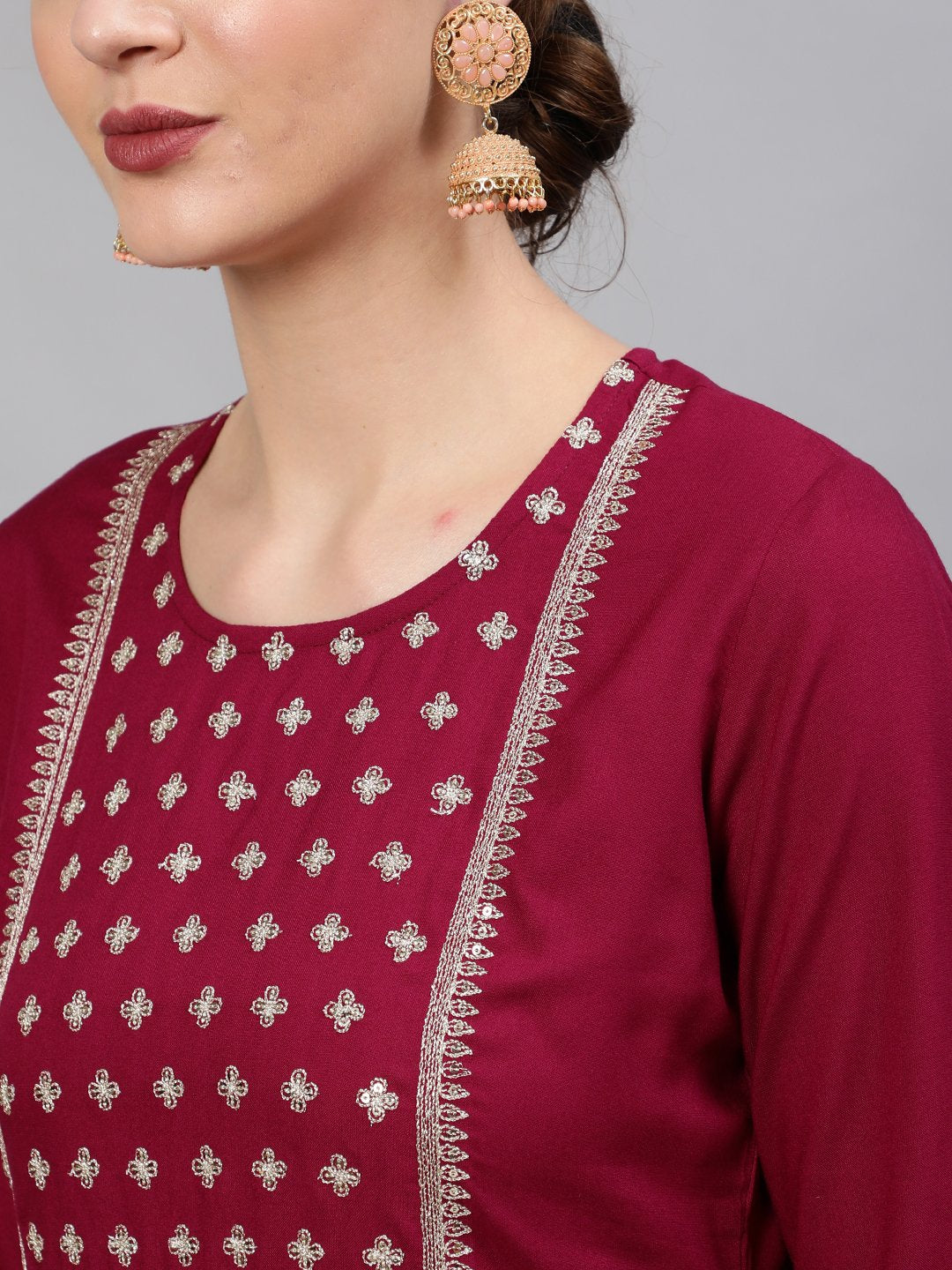 Women Wine Sequinned Embroidered Straight Kurta With Plazo & Dupatta | LASVINI - Redefining Indian Fashion with Elegance