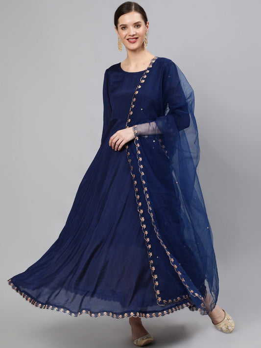 Women Navy Blue Embroidered Maxi Dress With Scalloped Dupatta | LASVINI - Redefining Indian Fashion with Elegance