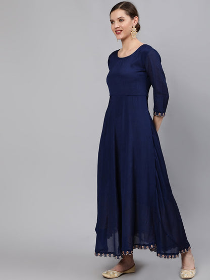 Women Navy Blue Embroidered Maxi Dress With Scalloped Dupatta | LASVINI - Redefining Indian Fashion with Elegance