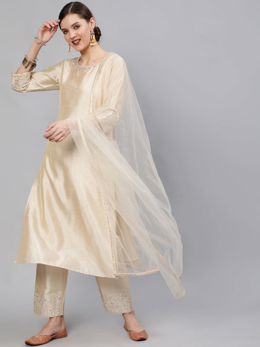 Women Cream Embroidered Straight Kurta With Plazo & Dupatta | LASVINI - Redefining Indian Fashion with Elegance