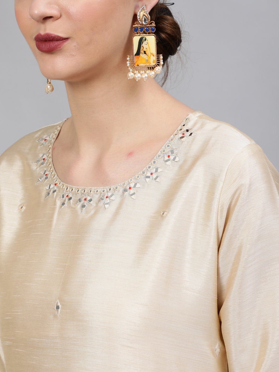 Women Cream Embroidered Straight Kurta With Plazo & Dupatta | LASVINI - Redefining Indian Fashion with Elegance