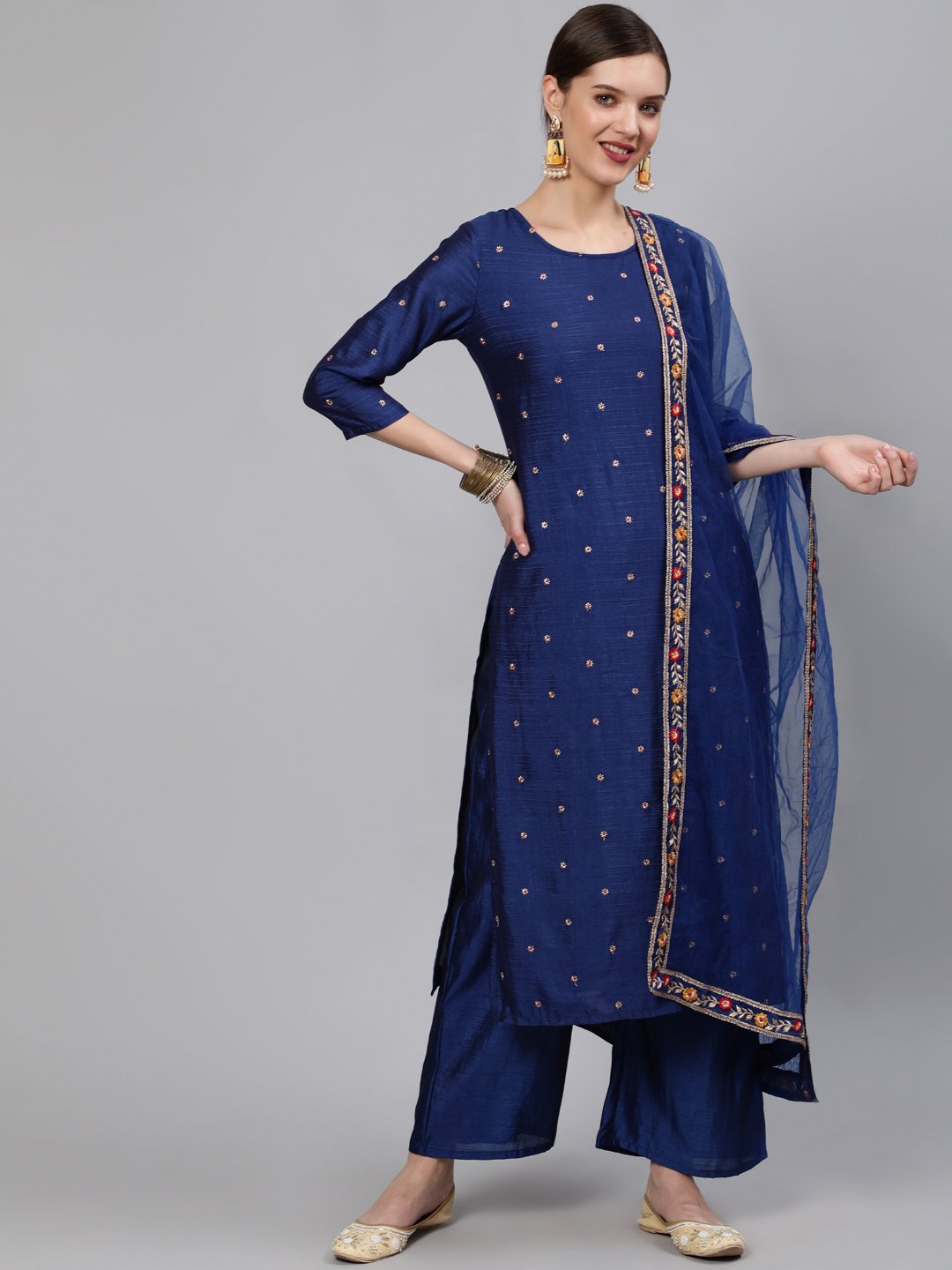 Women Blue Embroidered Straight Kurta With Plazo & Dupatta | LASVINI - Redefining Indian Fashion with Elegance