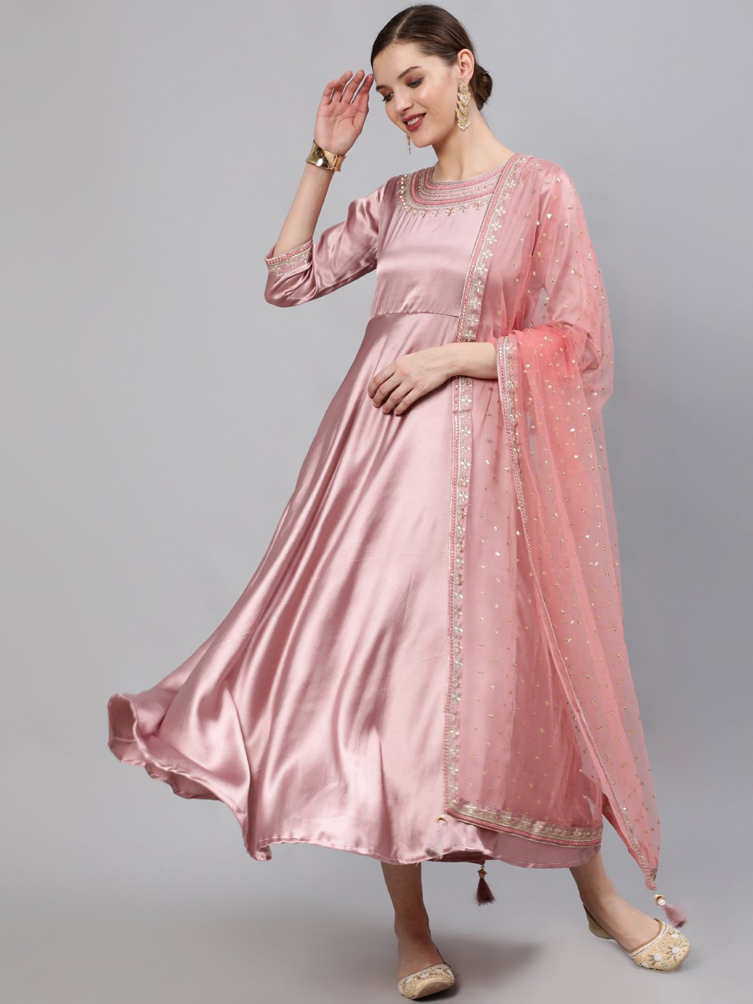 Women Pink Embroidered Maxi Dress With Sequuined Dupatta | LASVINI - Redefining Indian Fashion with Elegance