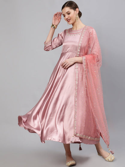 Women Pink Embroidered Maxi Dress With Sequuined Dupatta | LASVINI - Redefining Indian Fashion with Elegance