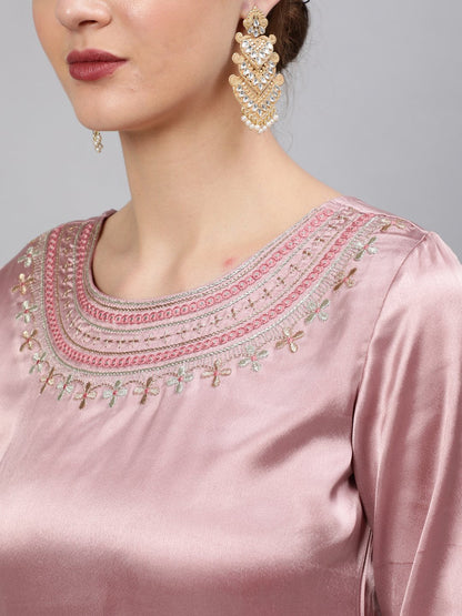 Women Pink Embroidered Maxi Dress With Sequuined Dupatta | LASVINI - Redefining Indian Fashion with Elegance