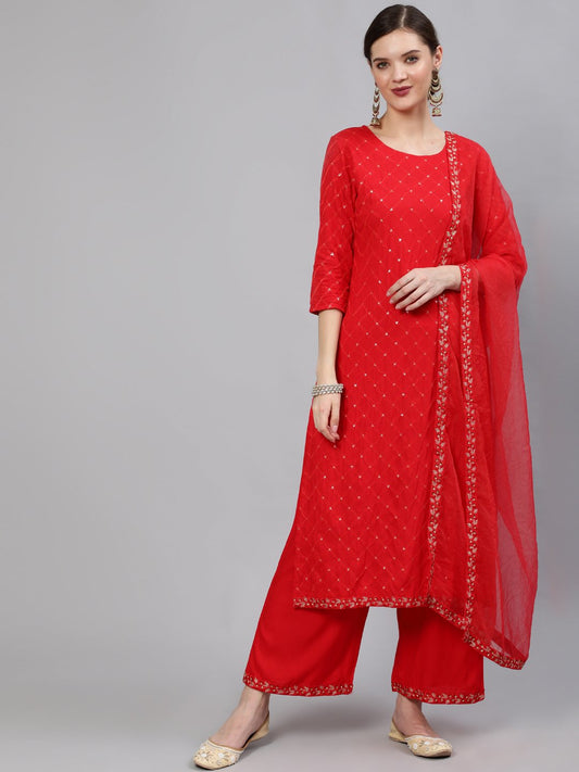 Women Red Sequinned Embroidered Straight Kurta With Plazo & Dupatta | LASVINI - Redefining Indian Fashion with Elegance