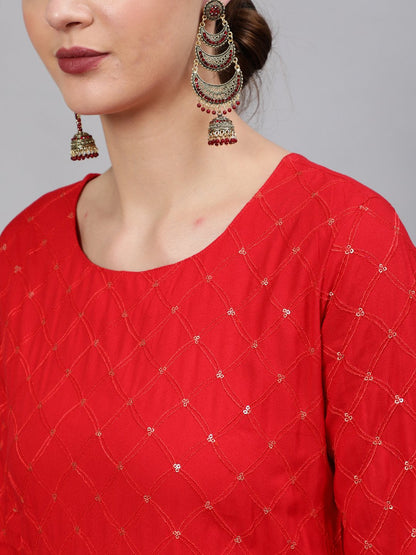 Women Red Sequinned Embroidered Straight Kurta With Plazo & Dupatta | LASVINI - Redefining Indian Fashion with Elegance