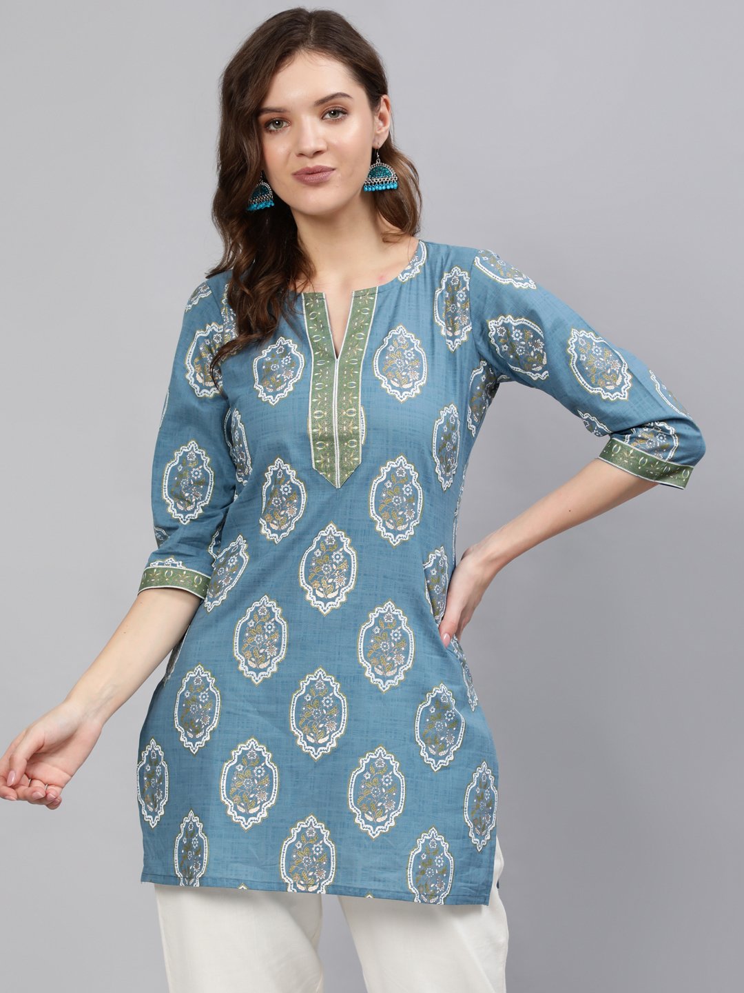 Women Blue & Gold Printed Tunic With Three Quarter Sleeves | LASVINI - Redefining Indian Fashion with Elegance