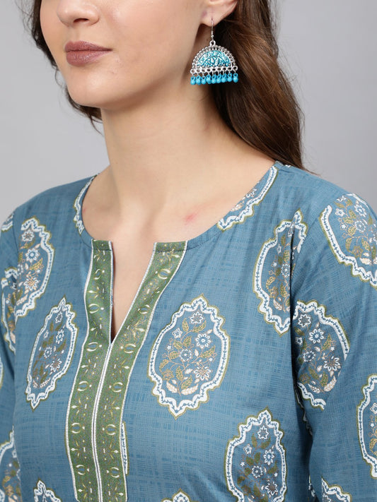 Women Blue & Gold Printed Tunic With Three Quarter Sleeves | LASVINI - Redefining Indian Fashion with Elegance