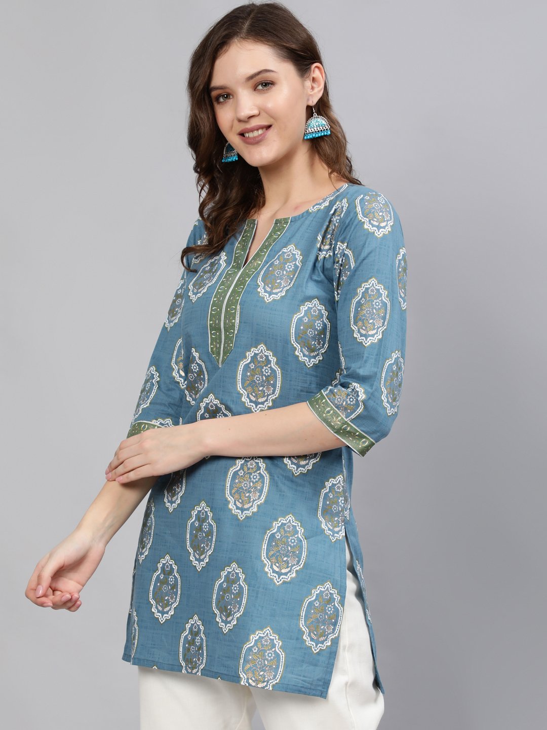 Women Blue & Gold Printed Tunic With Three Quarter Sleeves | LASVINI - Redefining Indian Fashion with Elegance