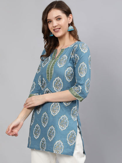 Women Blue & Gold Printed Tunic With Three Quarter Sleeves | LASVINI - Redefining Indian Fashion with Elegance