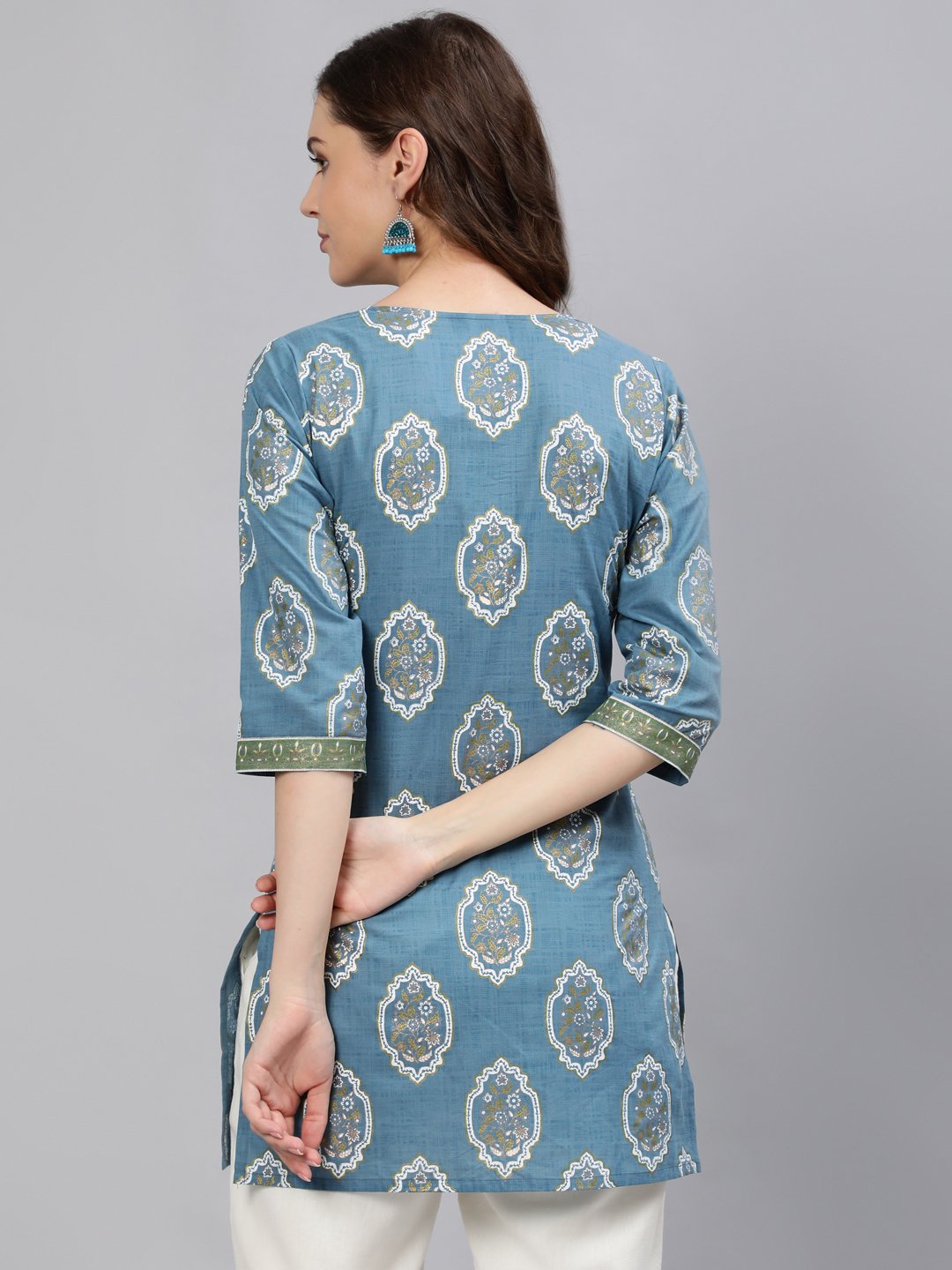 Women Blue & Gold Printed Tunic With Three Quarter Sleeves | LASVINI - Redefining Indian Fashion with Elegance