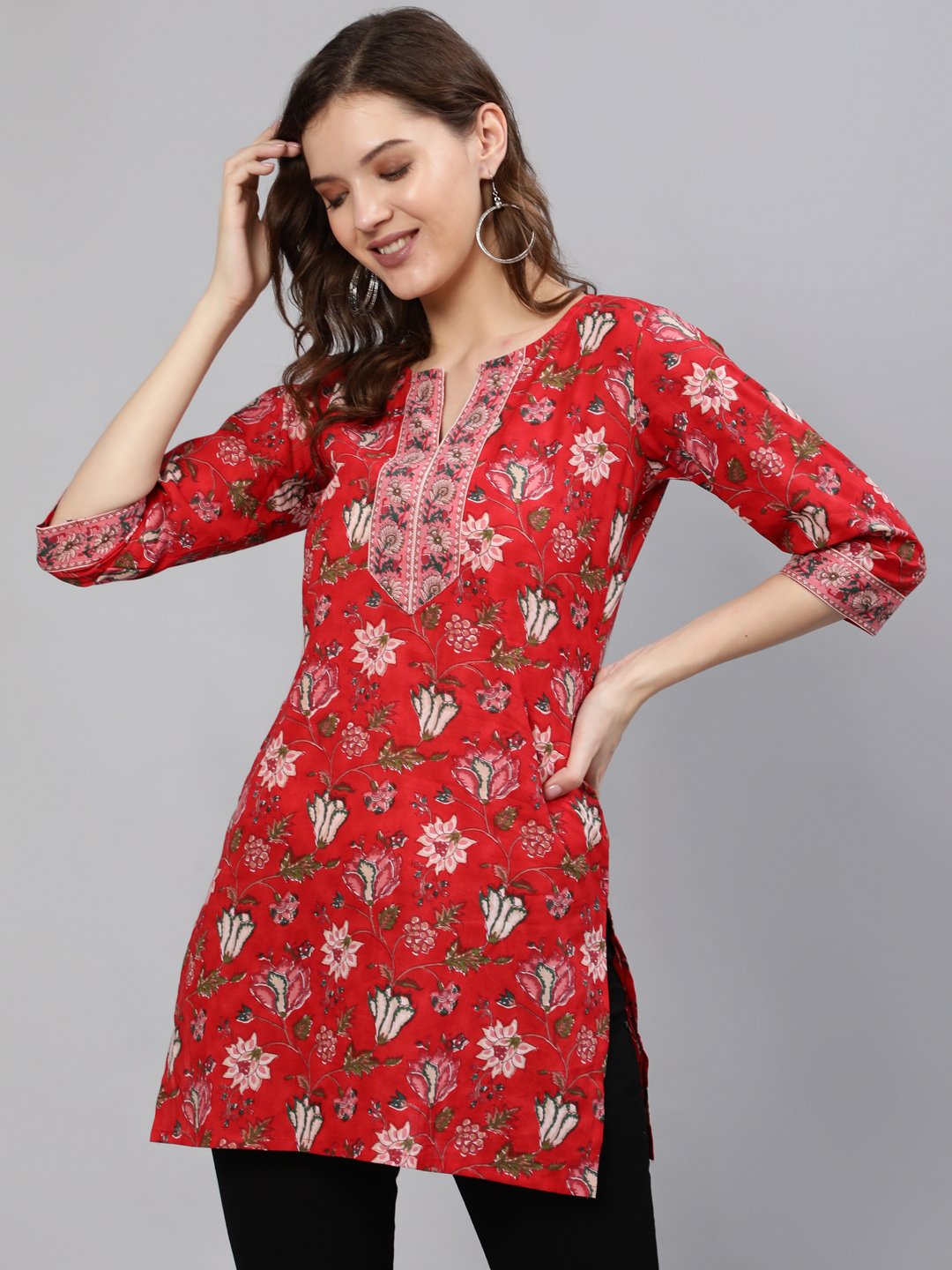 Women Red Floral Printed Tunic With Three Quarter Sleeves | LASVINI - Redefining Indian Fashion with Elegance