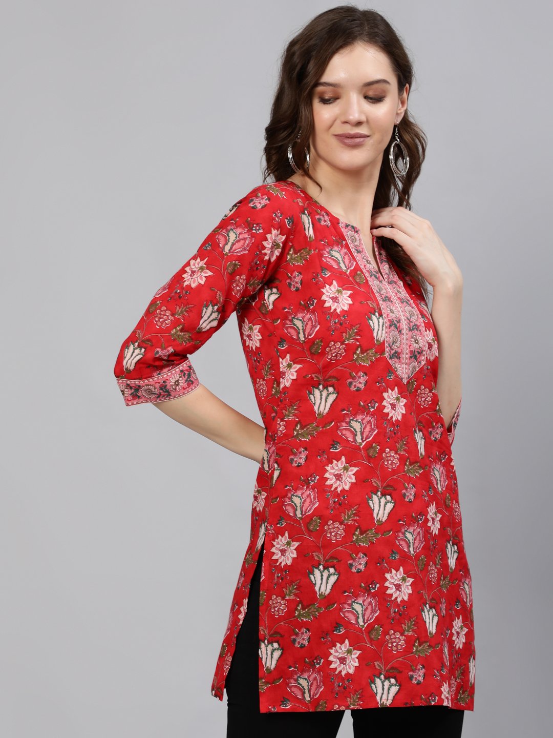 Women Red Floral Printed Tunic With Three Quarter Sleeves | LASVINI - Redefining Indian Fashion with Elegance