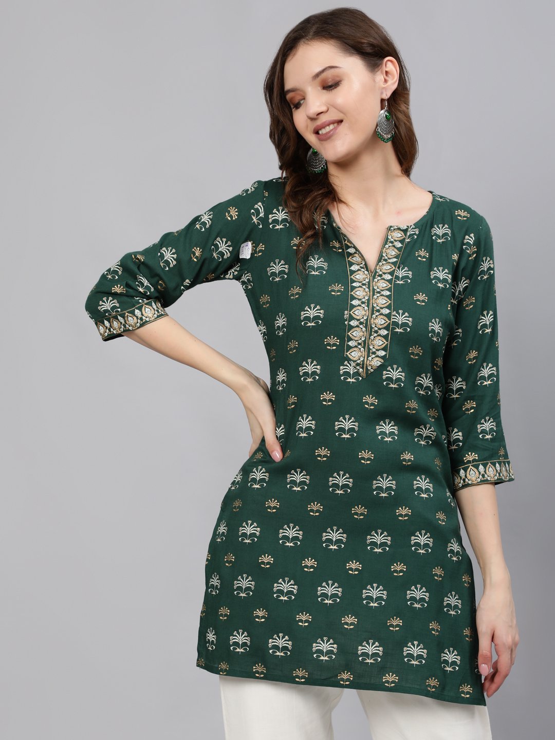 Women Green & Gold Printed Tunic With Three Quarter Sleeves | LASVINI - Redefining Indian Fashion with Elegance