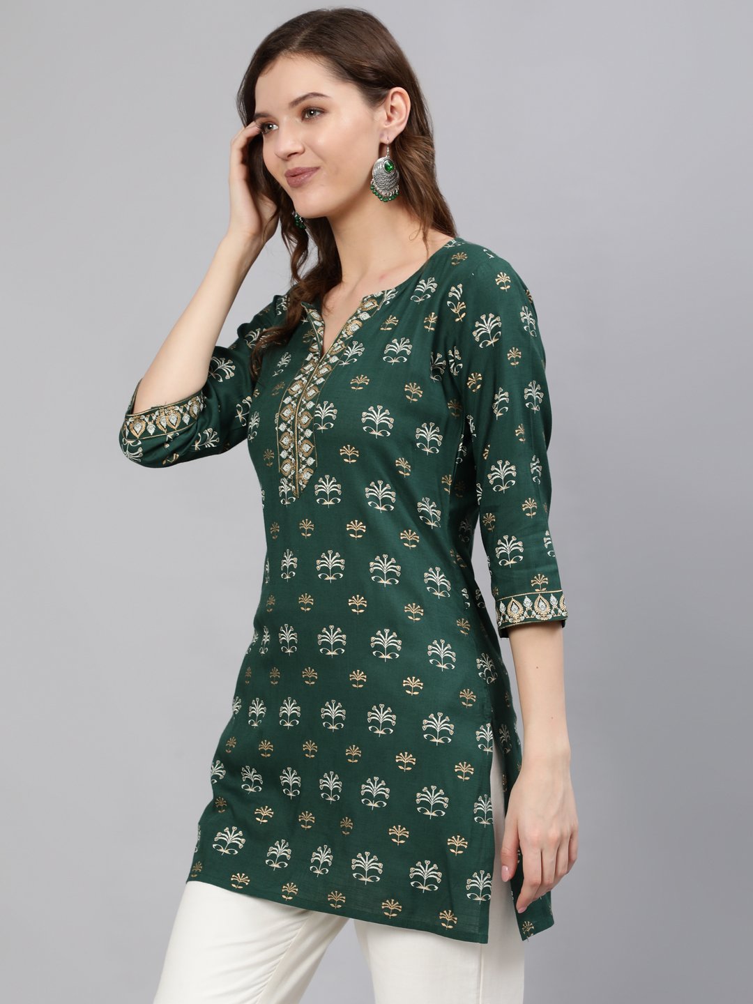 Women Green & Gold Printed Tunic With Three Quarter Sleeves | LASVINI - Redefining Indian Fashion with Elegance