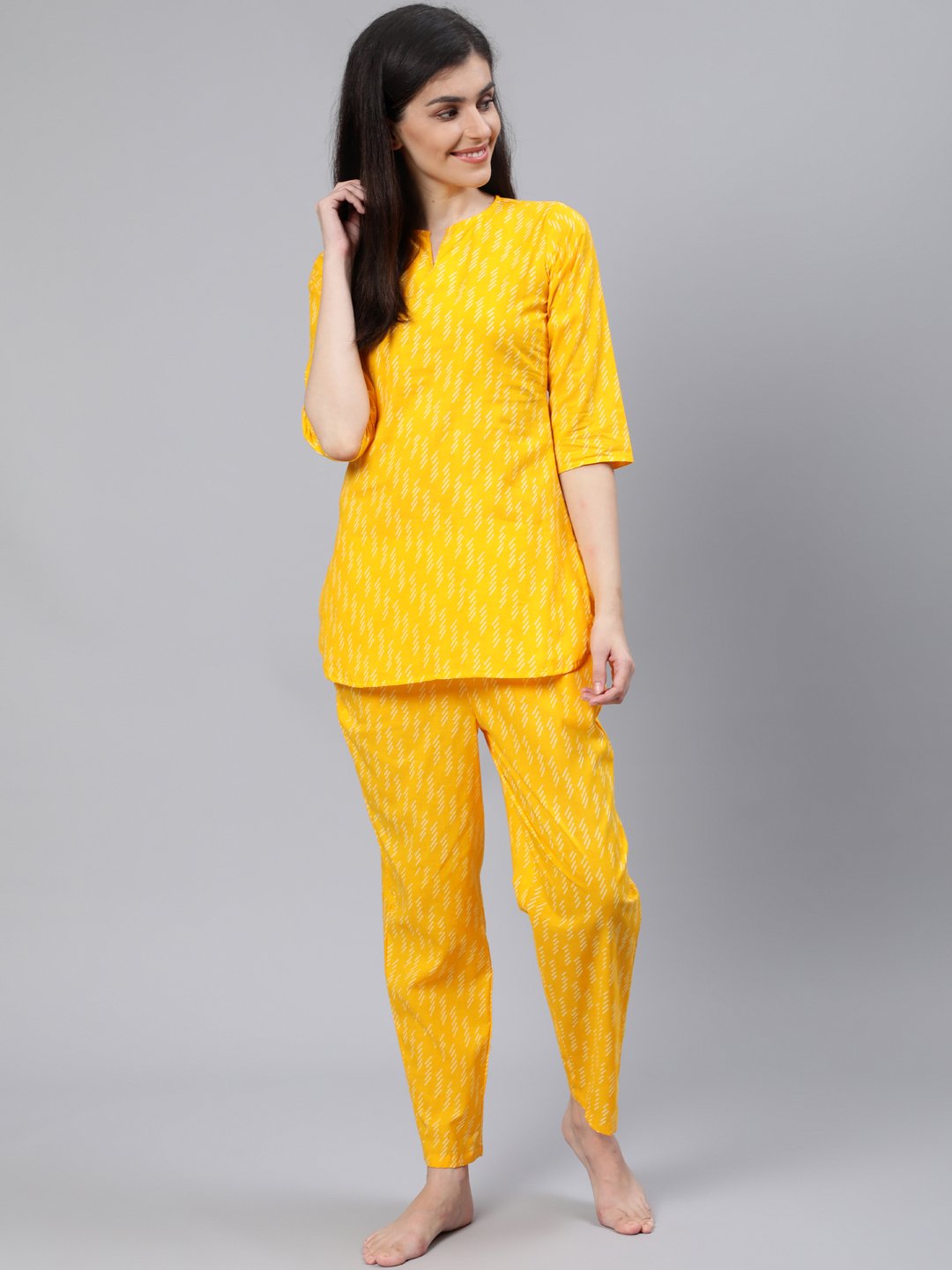 Women Yellow Printed Night Suit | LASVINI - Redefining Indian Fashion with Elegance