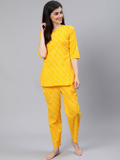Women Yellow Printed Night Suit | LASVINI - Redefining Indian Fashion with Elegance