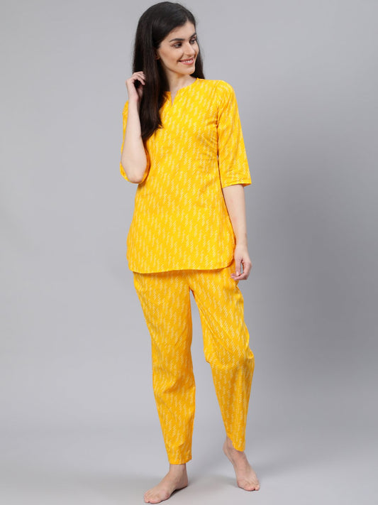 Women Yellow Printed Night Suit | LASVINI - Redefining Indian Fashion with Elegance