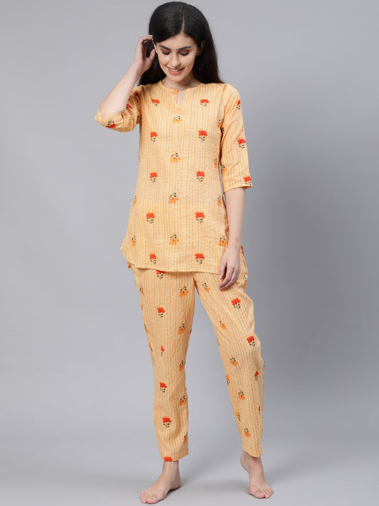Women Light Yellow Printed Night Suit | LASVINI - Redefining Indian Fashion with Elegance
